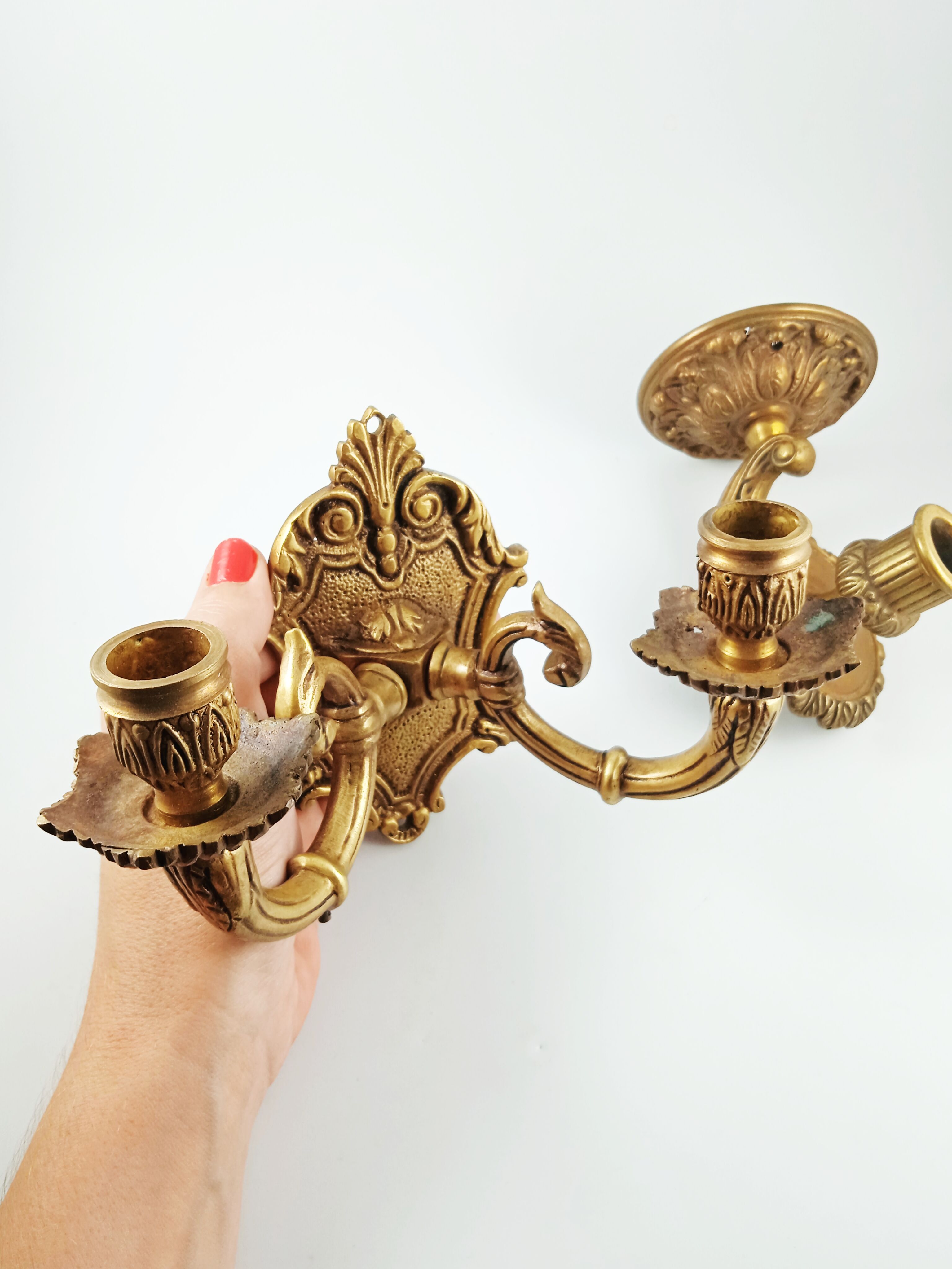 Set of 2 old candlestick sconces in bronze