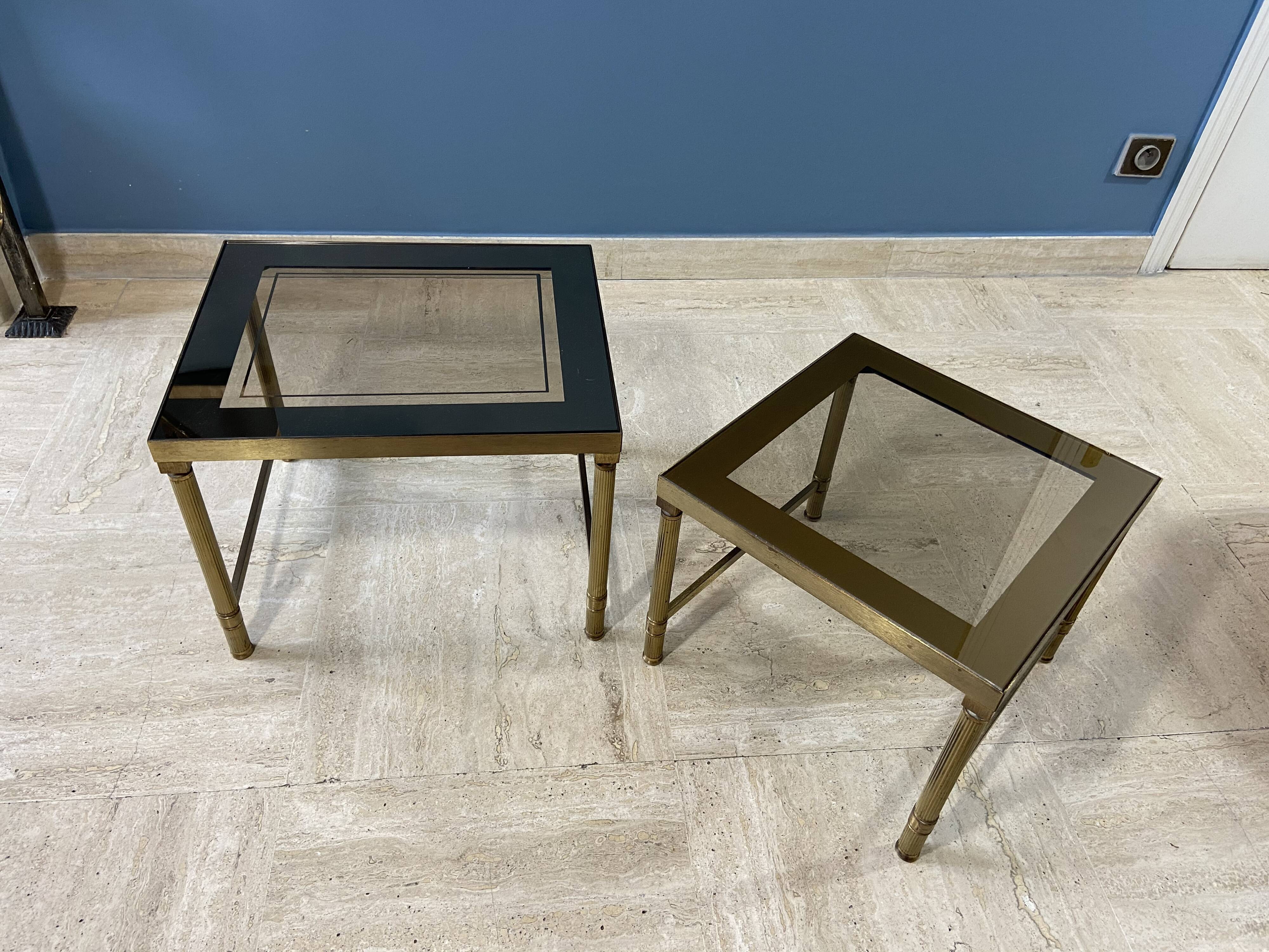 Tables gigognes vintage 1970 métal doré & verre