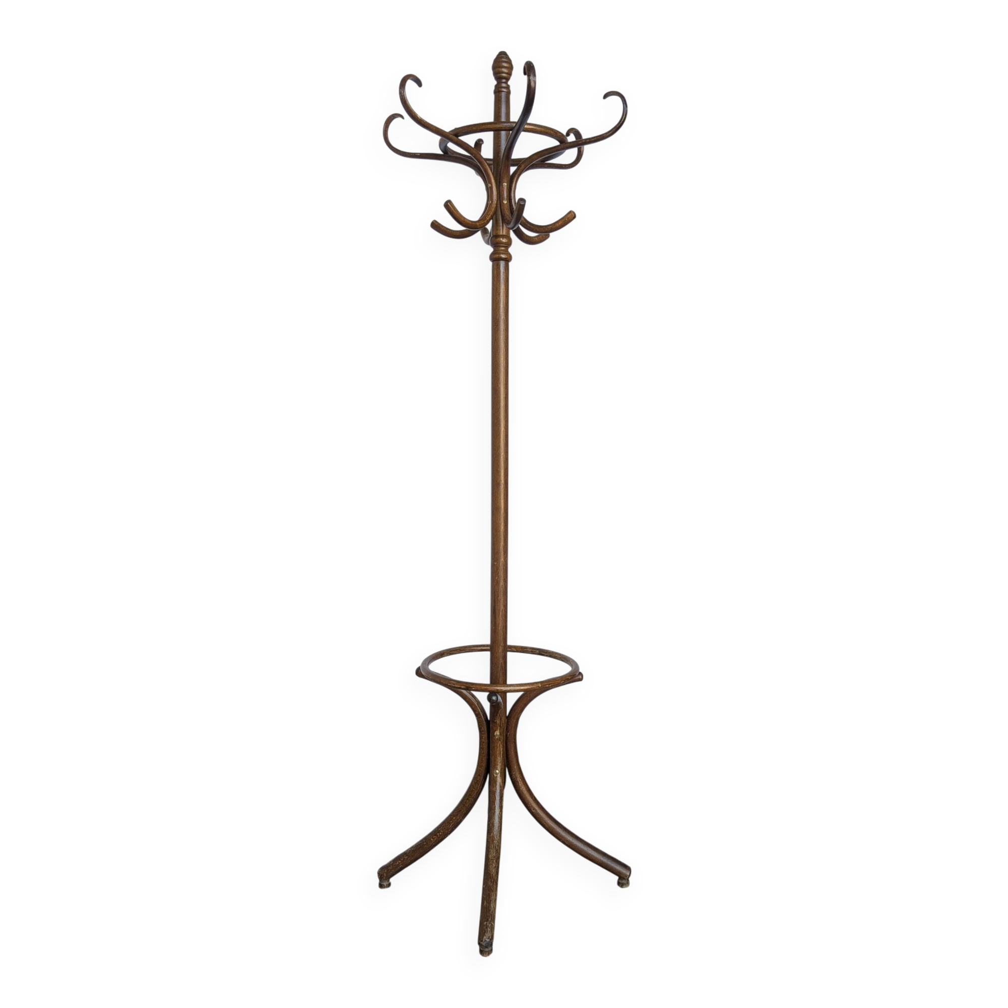 Vintage bentwood coat rack in Thonet style / Dark wood coat rack with shadow.