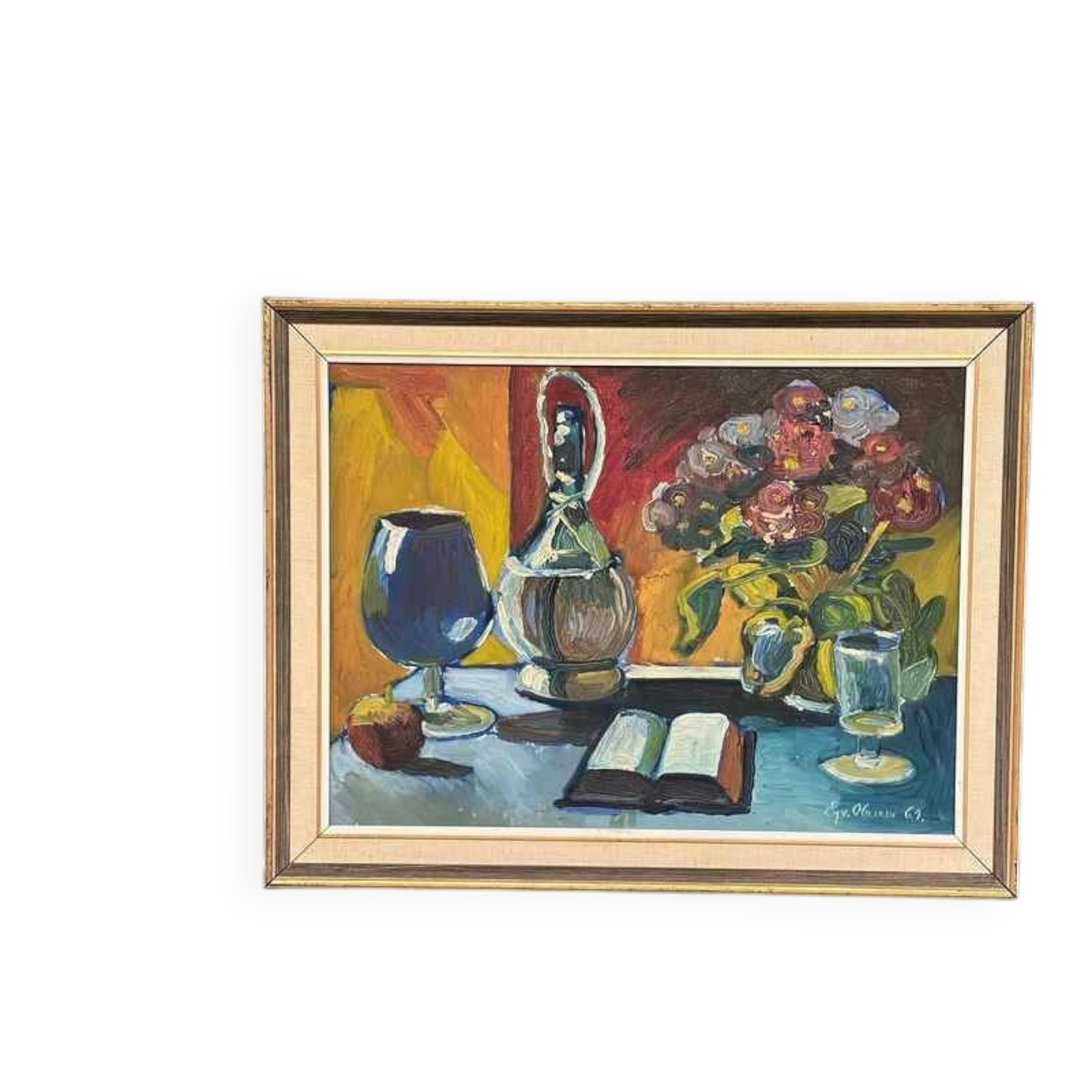 Huile sur toile originale suédoise – « Livre et fleurs » par Eyvind Olesen – cadre vintage