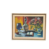 Huile sur toile originale suédoise – « Livre et fleurs » par Eyvind Olesen – cadre vintage