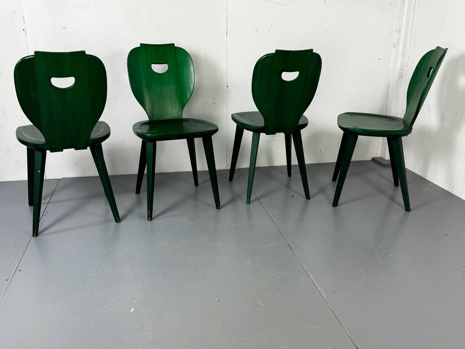 Set of 4 Swedish green pine designer chairs from Svensk Fur, 1950s of