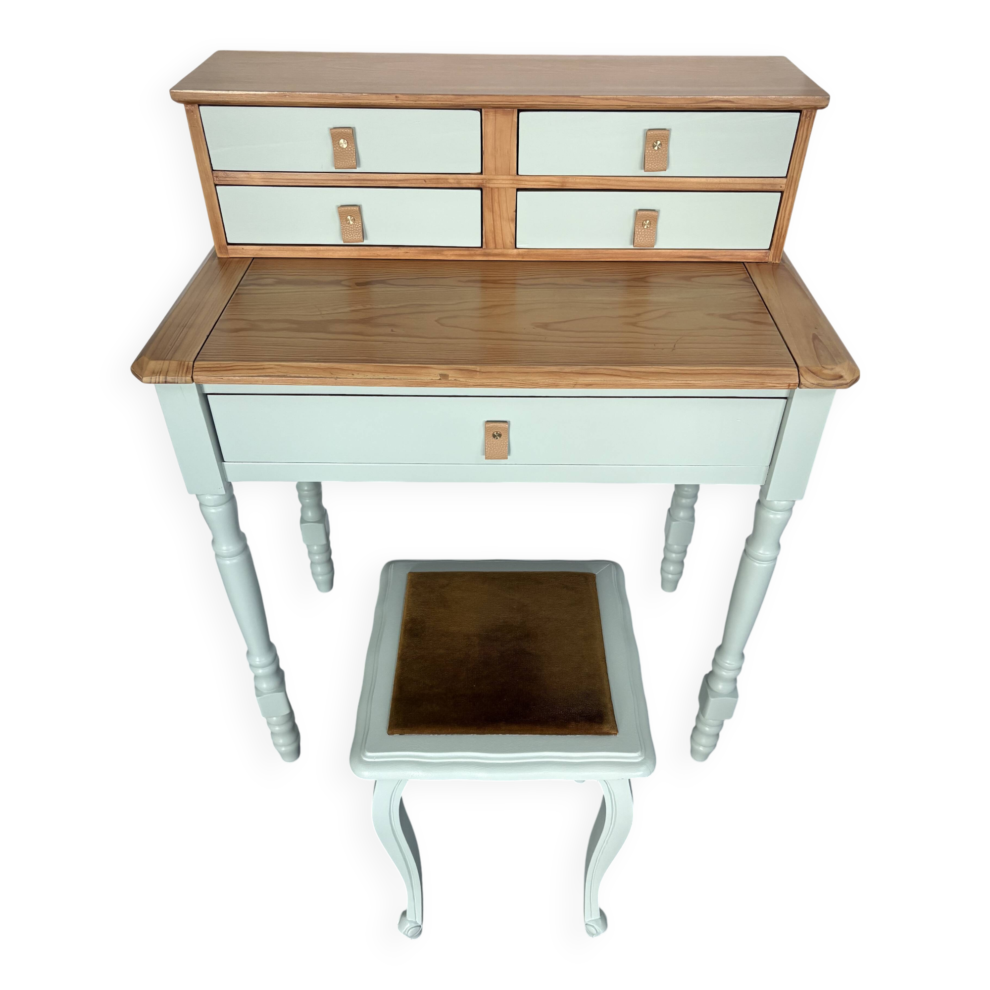 Coiffeuse / Bureau rénové et Tabouret velours, Touche Naturelle Moderne
