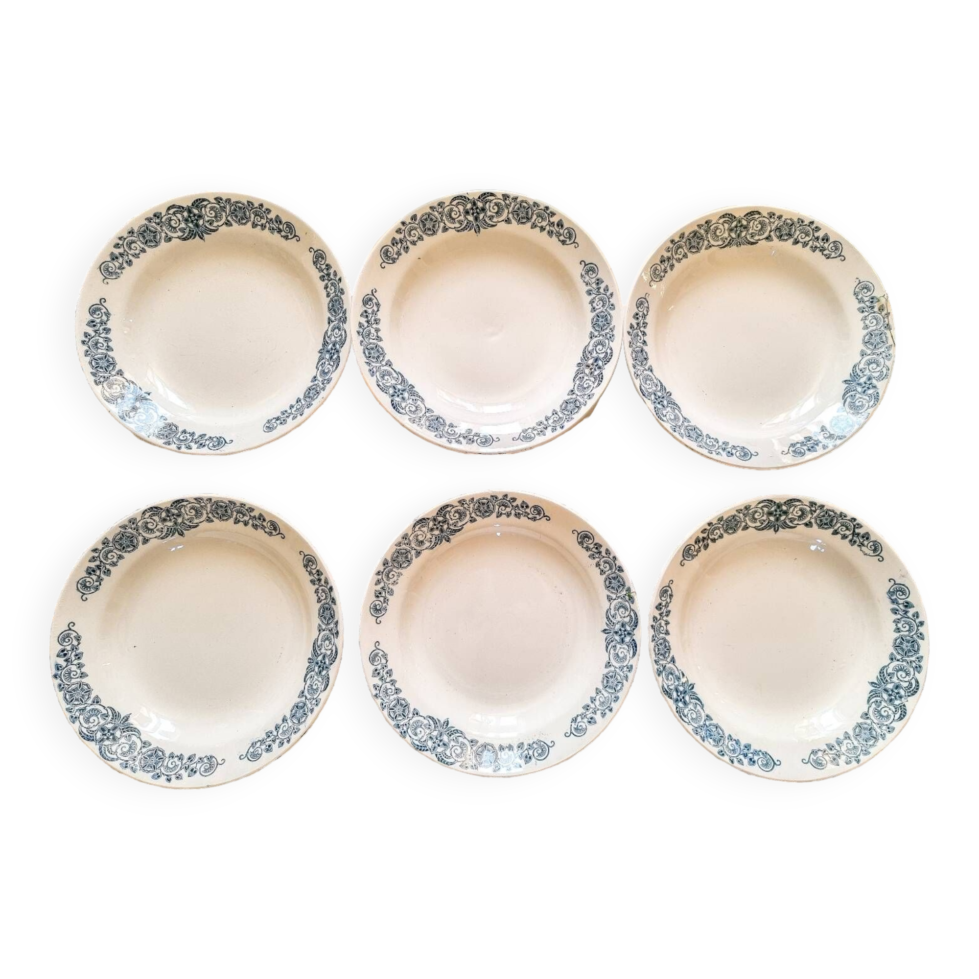 6 soup plates, iron earth, Longchamp, mid-20th century