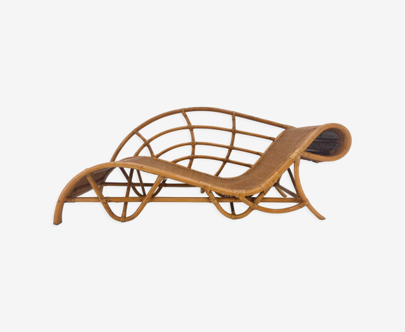 Chaise longue en rotin de jardin des années 1980
