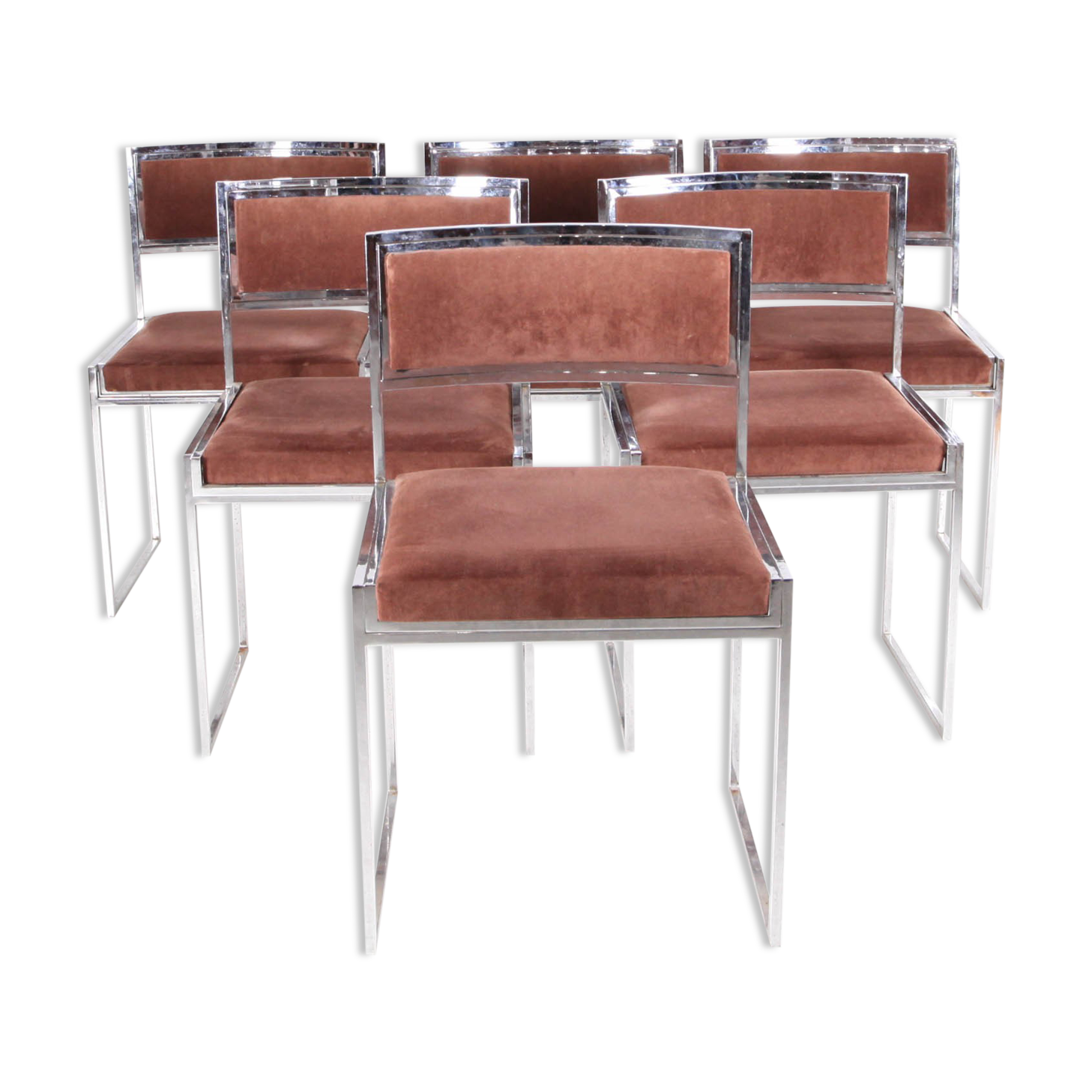 Suite of 6 chairs in chromed steel and brown velvet circa 1970