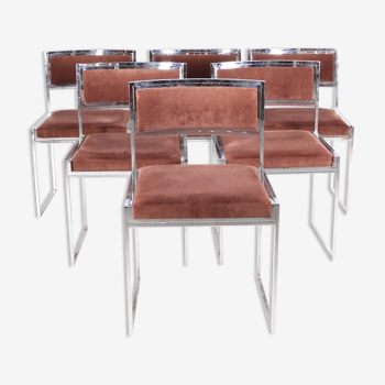 Suite of 6 chairs in chromed steel and brown velvet circa 1970