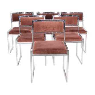 Suite of 6 chairs in chromed steel and brown velvet circa 1970