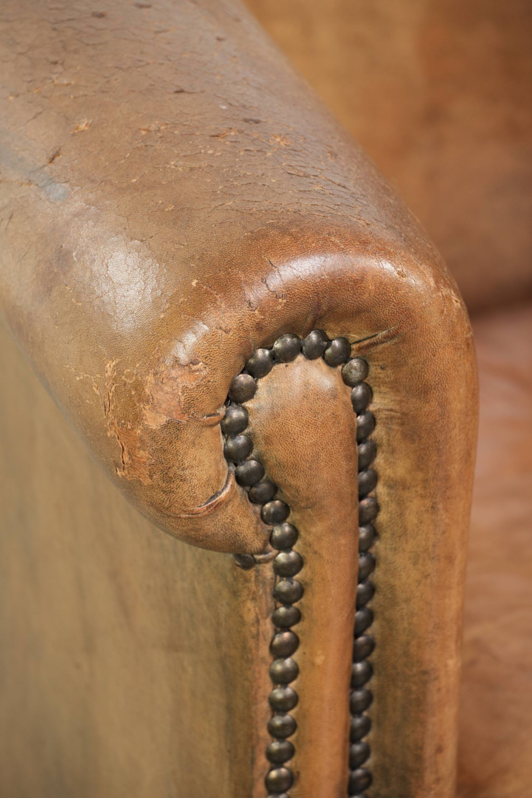 Vintage sheepskin club armchair finished with decorative nails