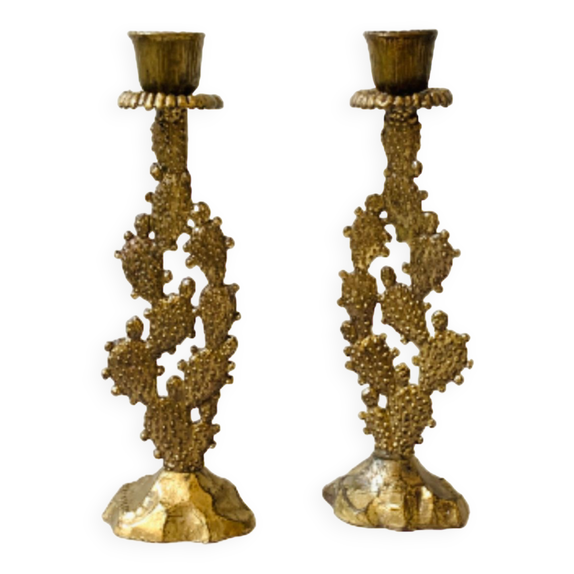 Old pair of vintage Hein Holon Israel cactus candlesticks