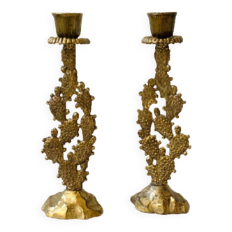 Old pair of vintage Hein Holon Israel cactus candlesticks