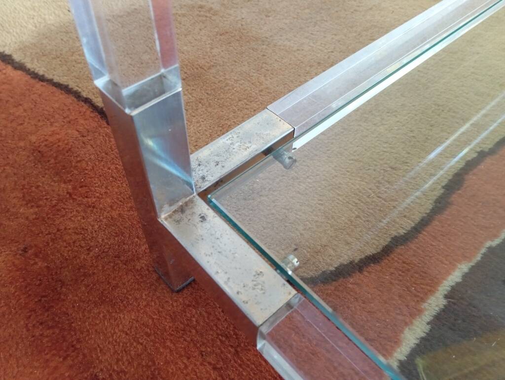 80s Lucite, Glass and Metal Coffee Table