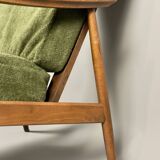 Fauteuil scandinave – revêtement vert, bois de hêtre, vintage