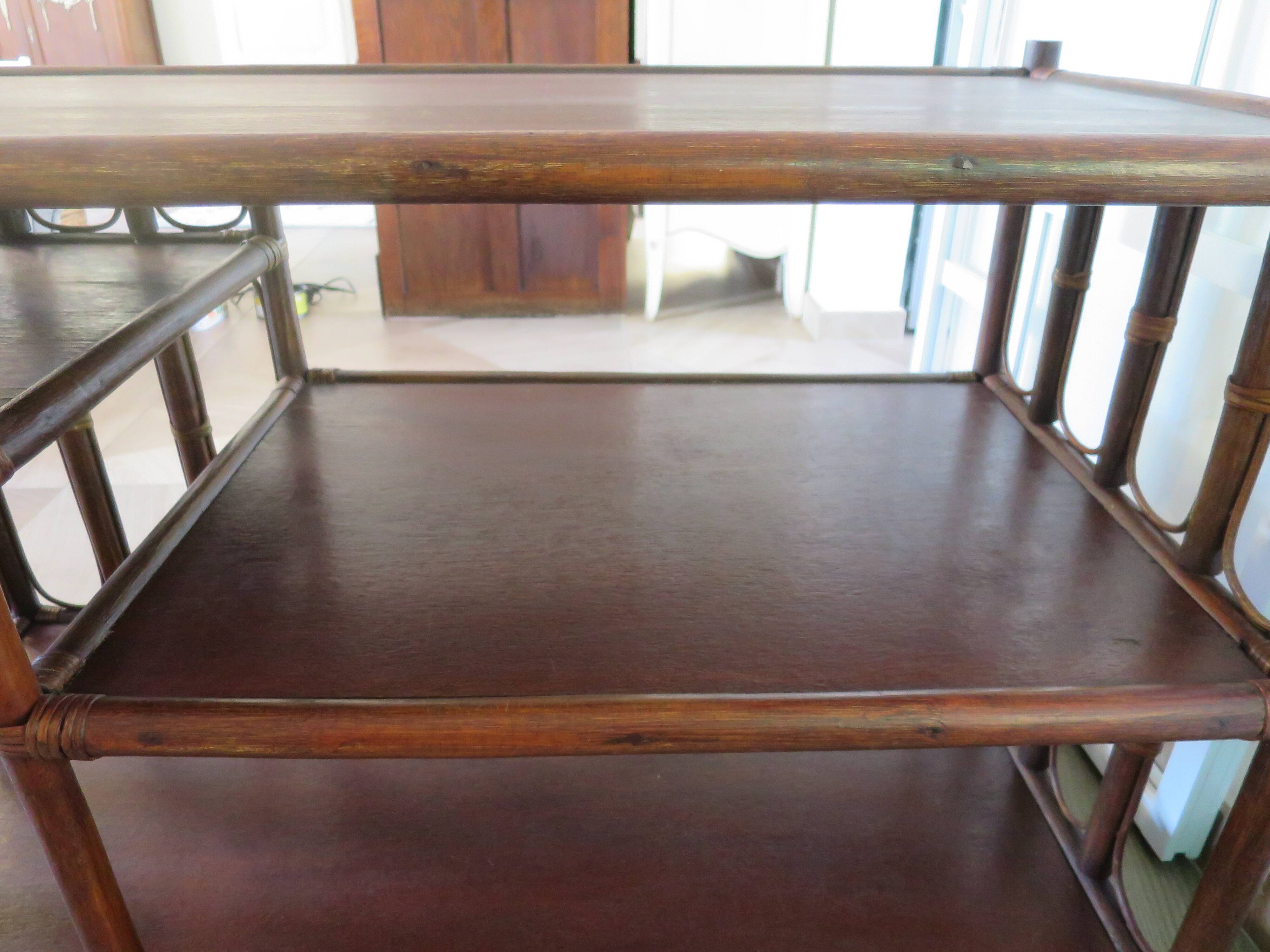 Retro side table - vinyl furniture - rattan and bamboo - 1980s