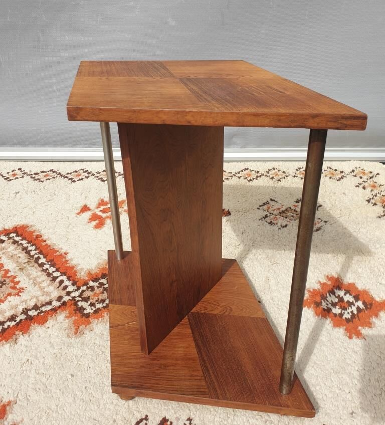 Modernist side table Art Deco Walnut and chromed steel