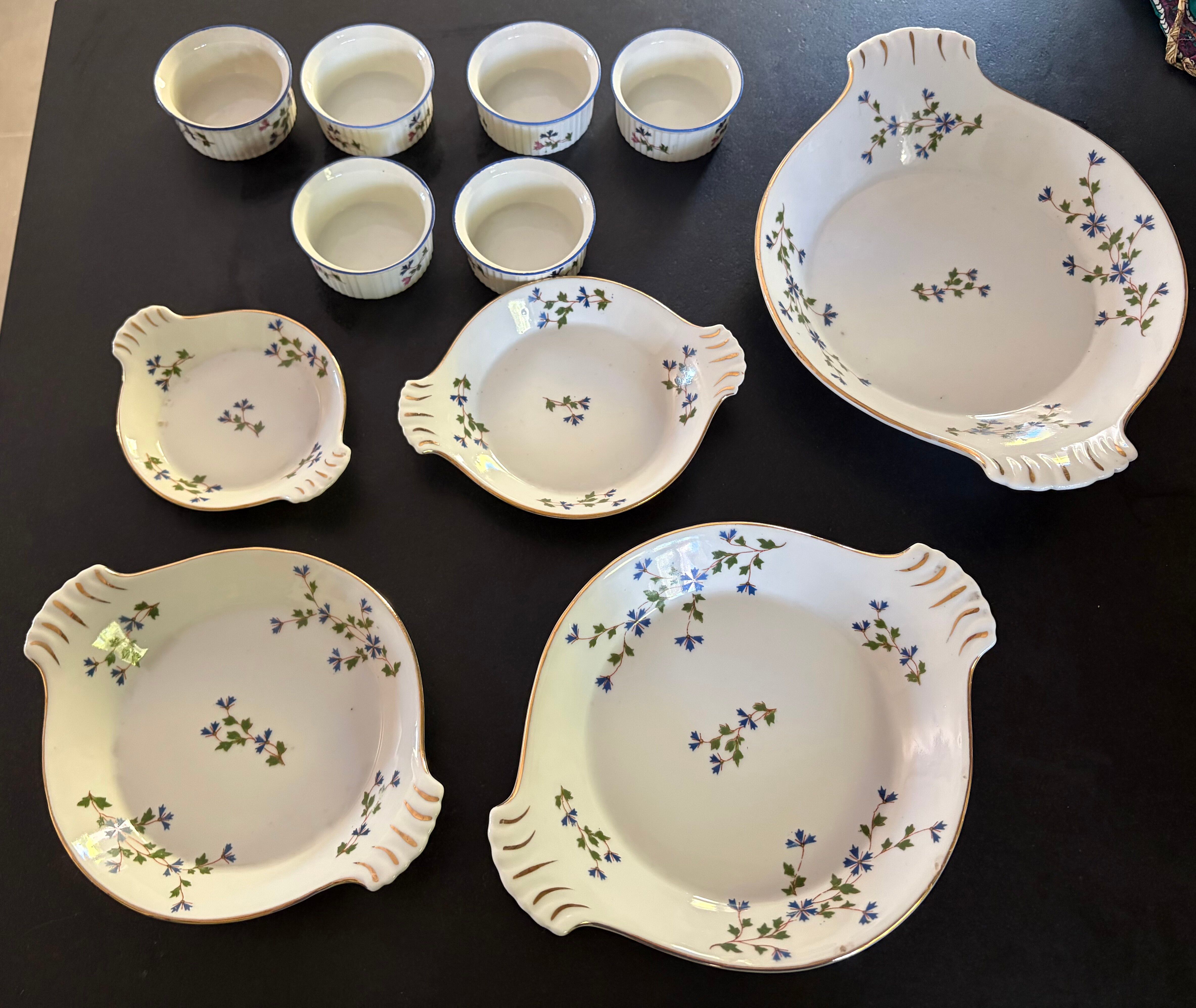 Vintage table service in porcelain LL France – Cornflower and do pattern.