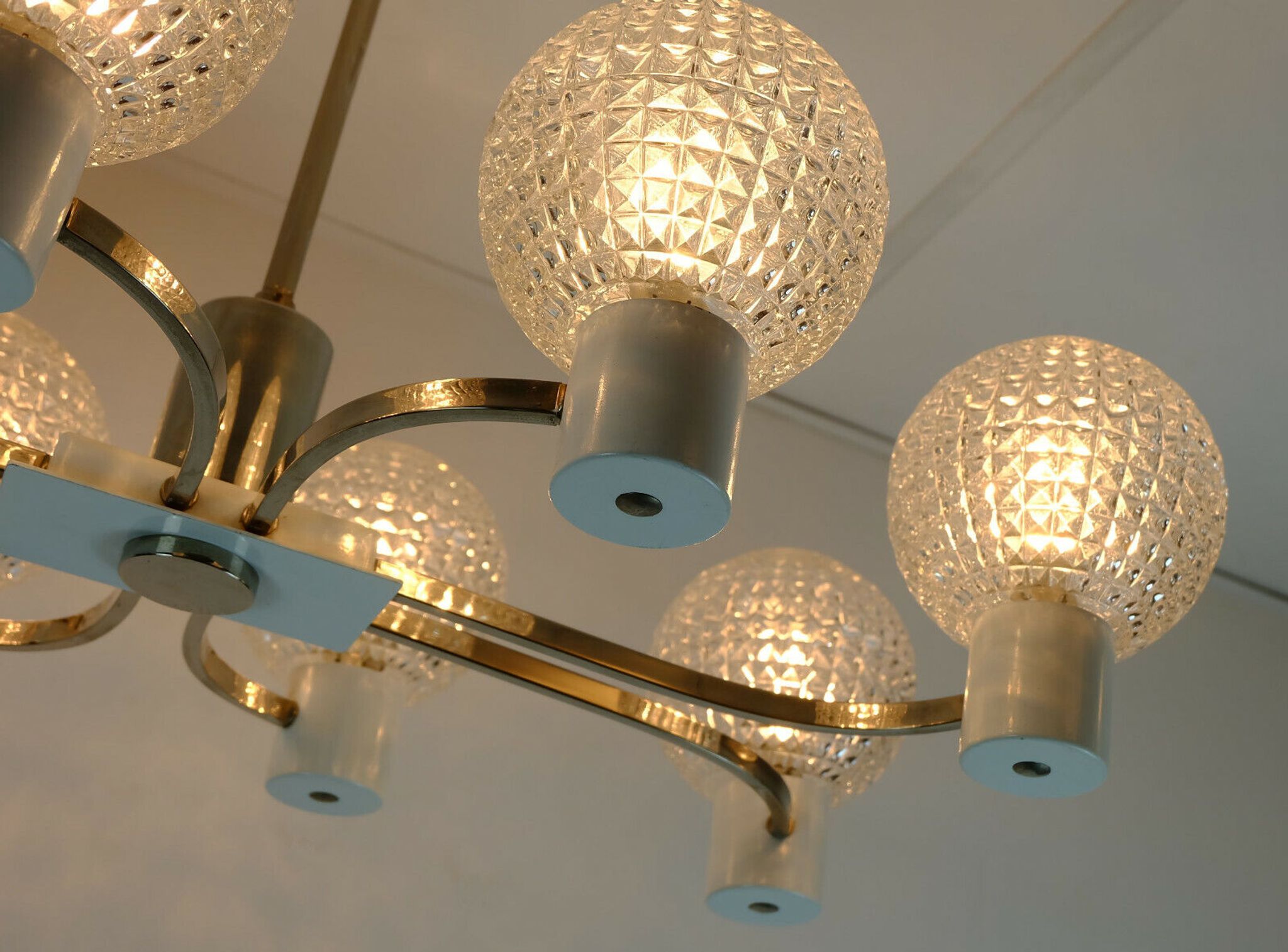 1960s mid century HANGING LAMP chrome metal chandelier with 8 glass shades
