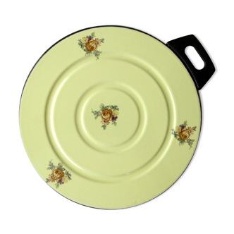 Old underside flat heater in yellow enamelled sheet metal decorated flowers MIJOSKA