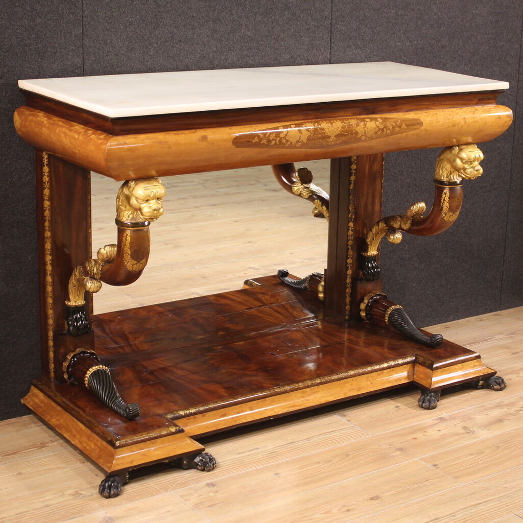 Console en marqueterie espagnole avec plateau en marbre du 19ème siècle