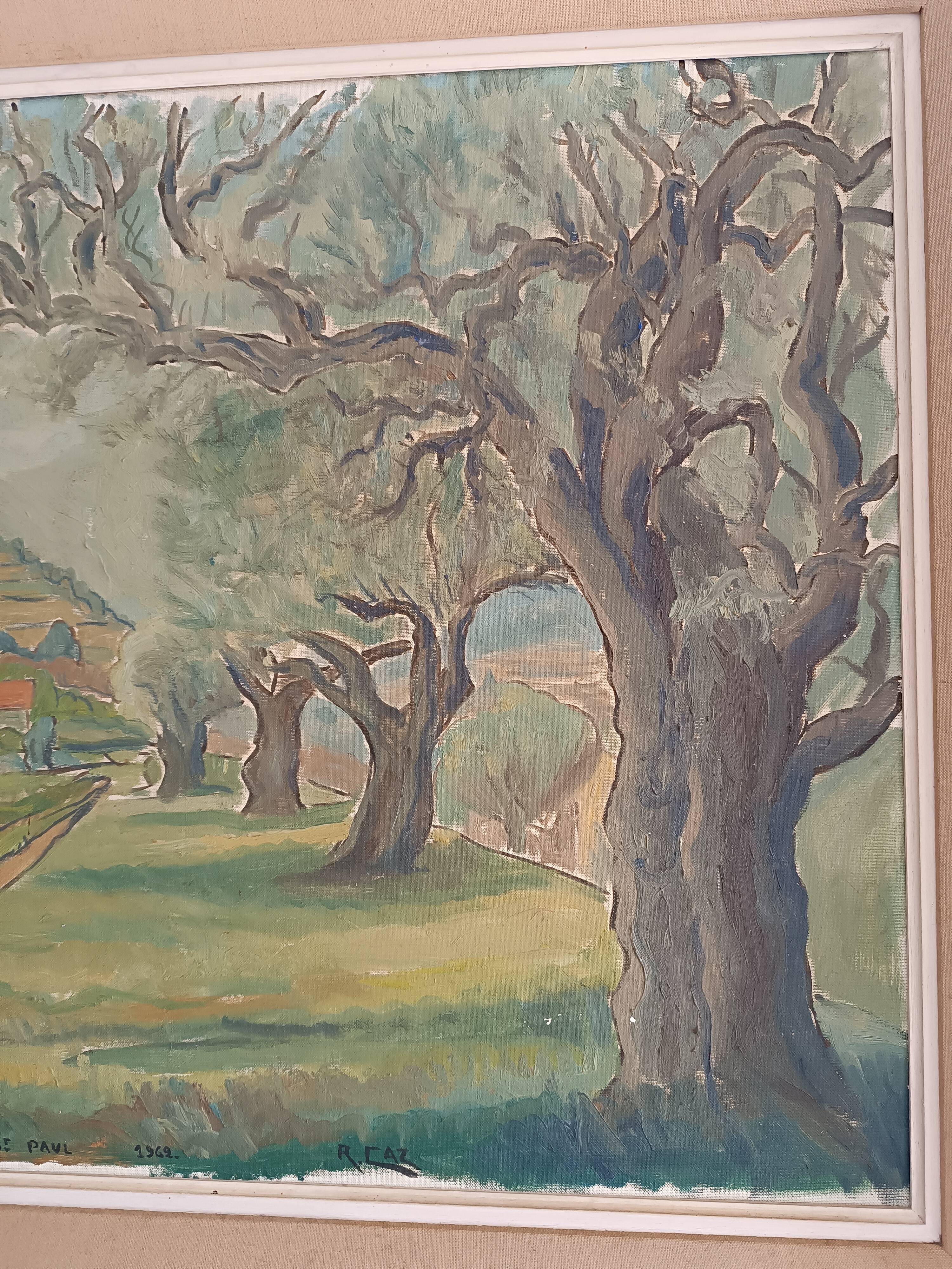 Large oil on canvas landscape of St Paul de Serre signed R. CAZ.