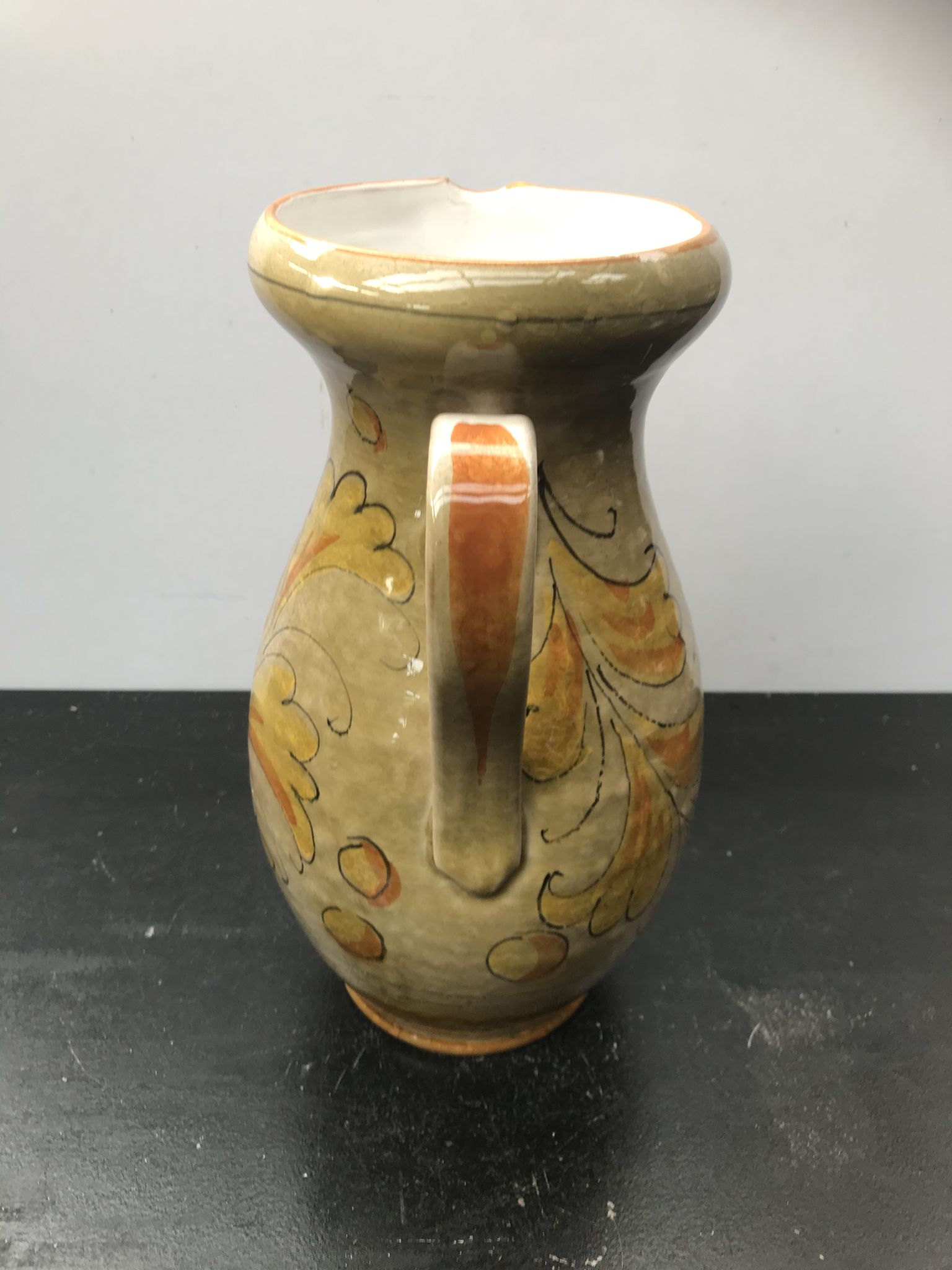 Ancien pichet tiam céramique beige décor fleurs vintage