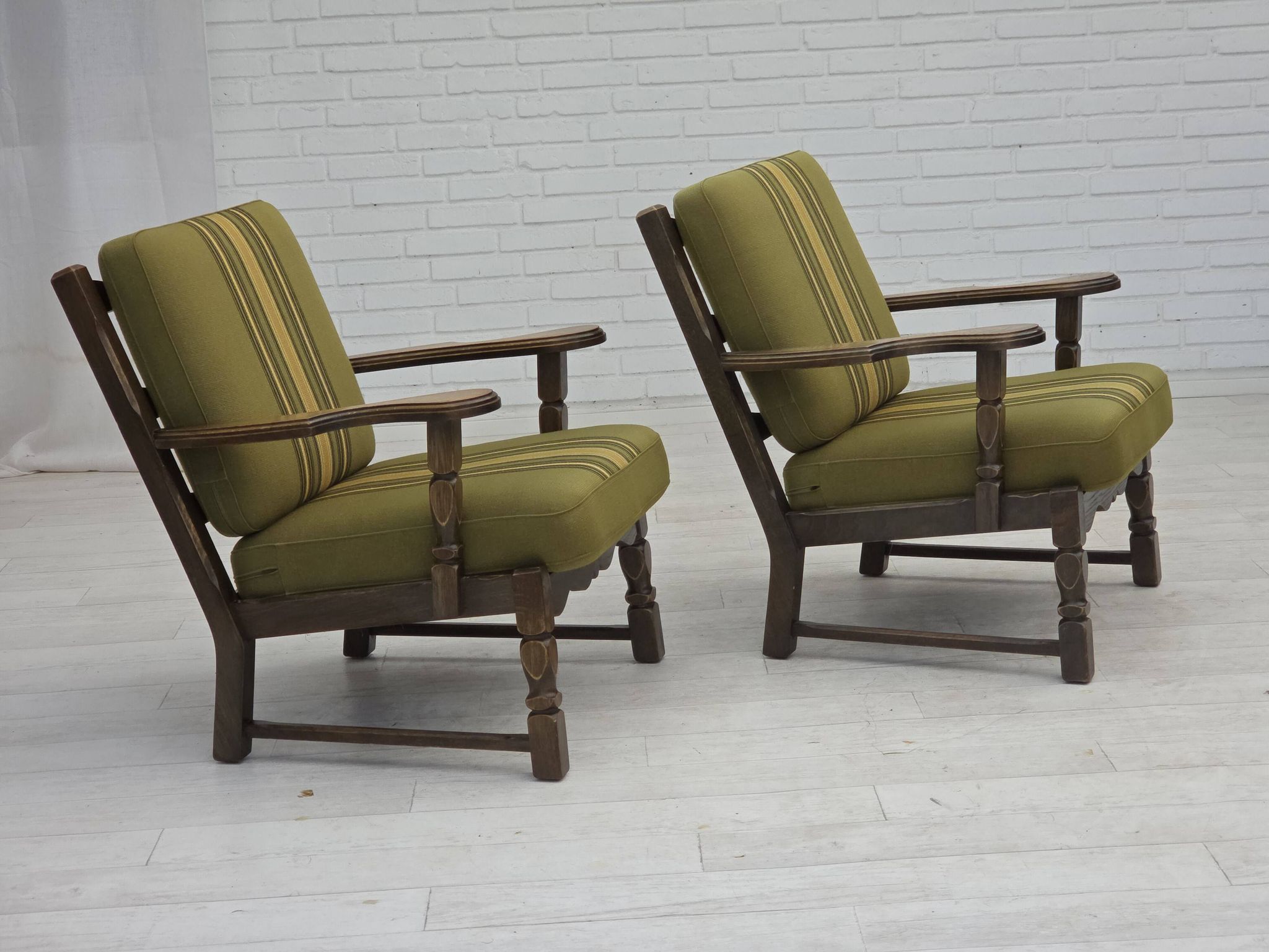 1970s, pair of Danish armchairs, original green furniture wool, oak wood.