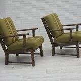 1970s, pair of Danish armchairs, original green furniture wool, oak wood.