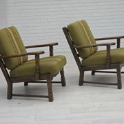 1970s, pair of Danish armchairs, original green furniture wool, oak wood.