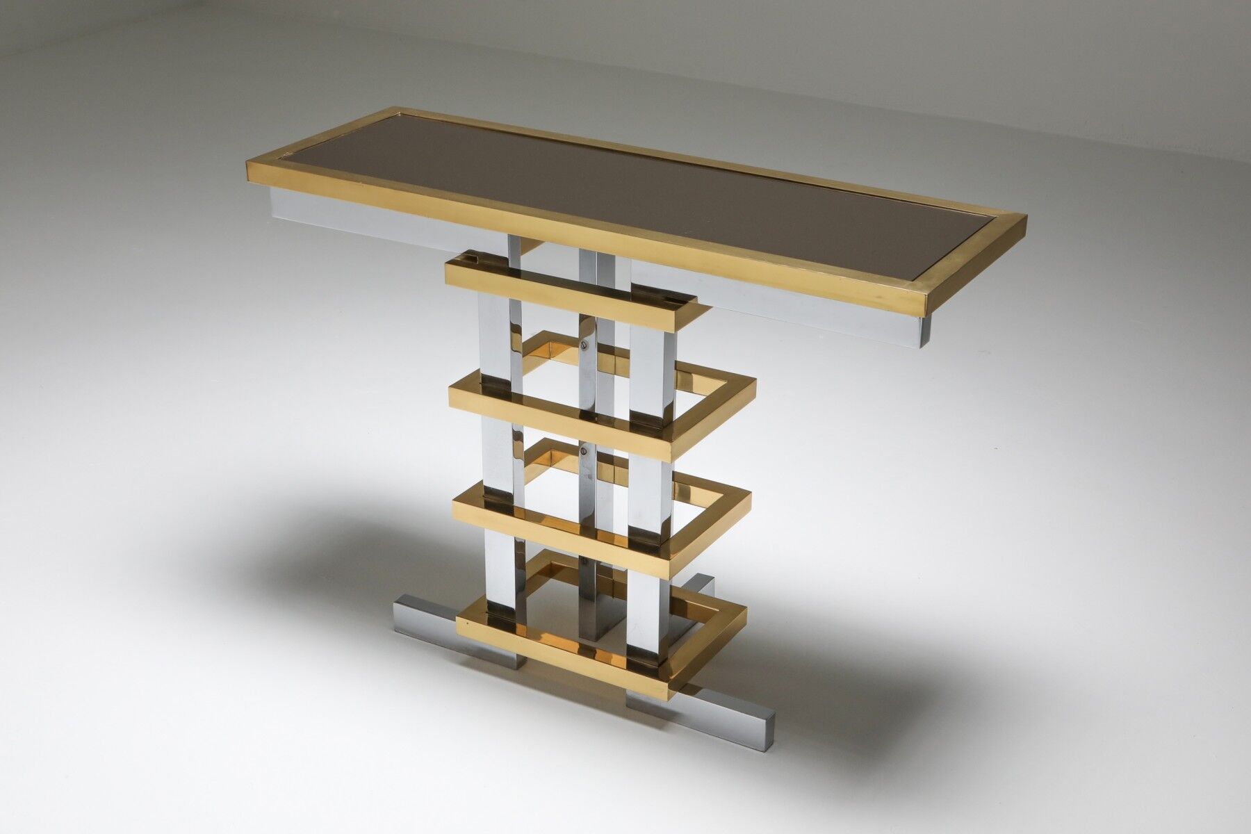 Brass and chrome console with 1970 Duchise glass tray