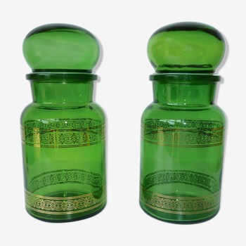 Pair of vintage green glass bottles
