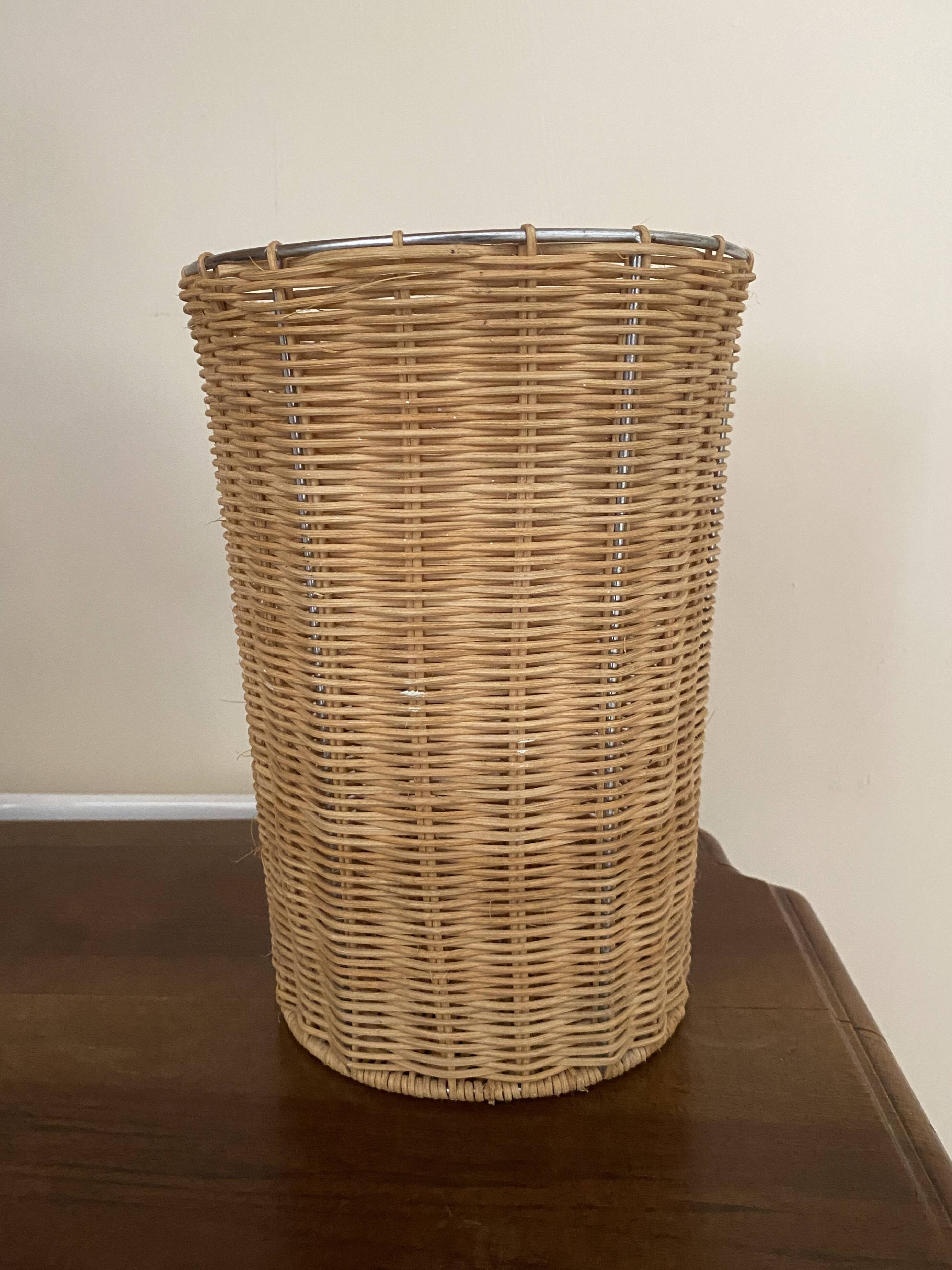 Woven straw and metal basket