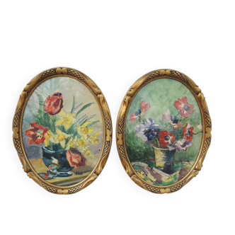 2 anciens tableaux ovales encadrés signés J Billiard Duchesne