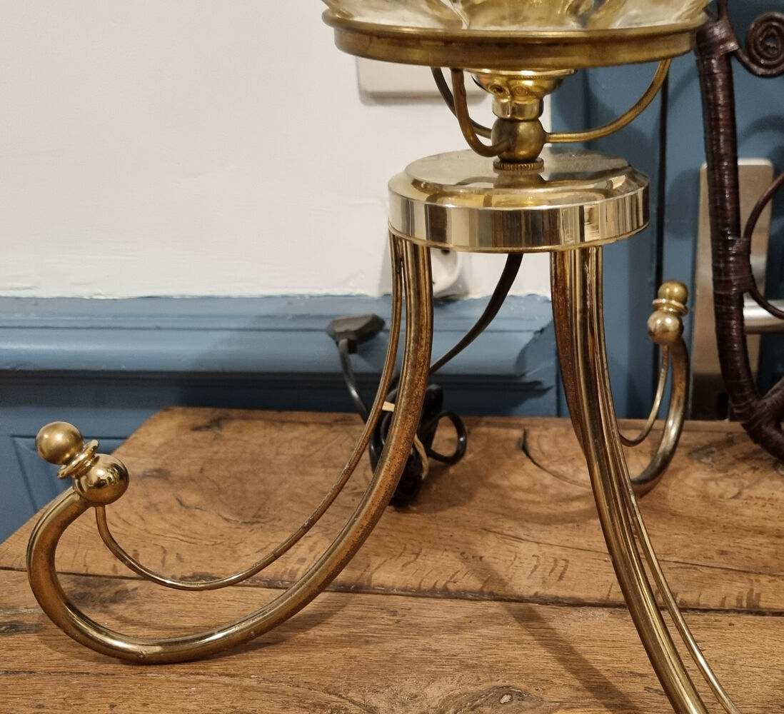 Table lamp, tripod, golden brass, vintage, 50s