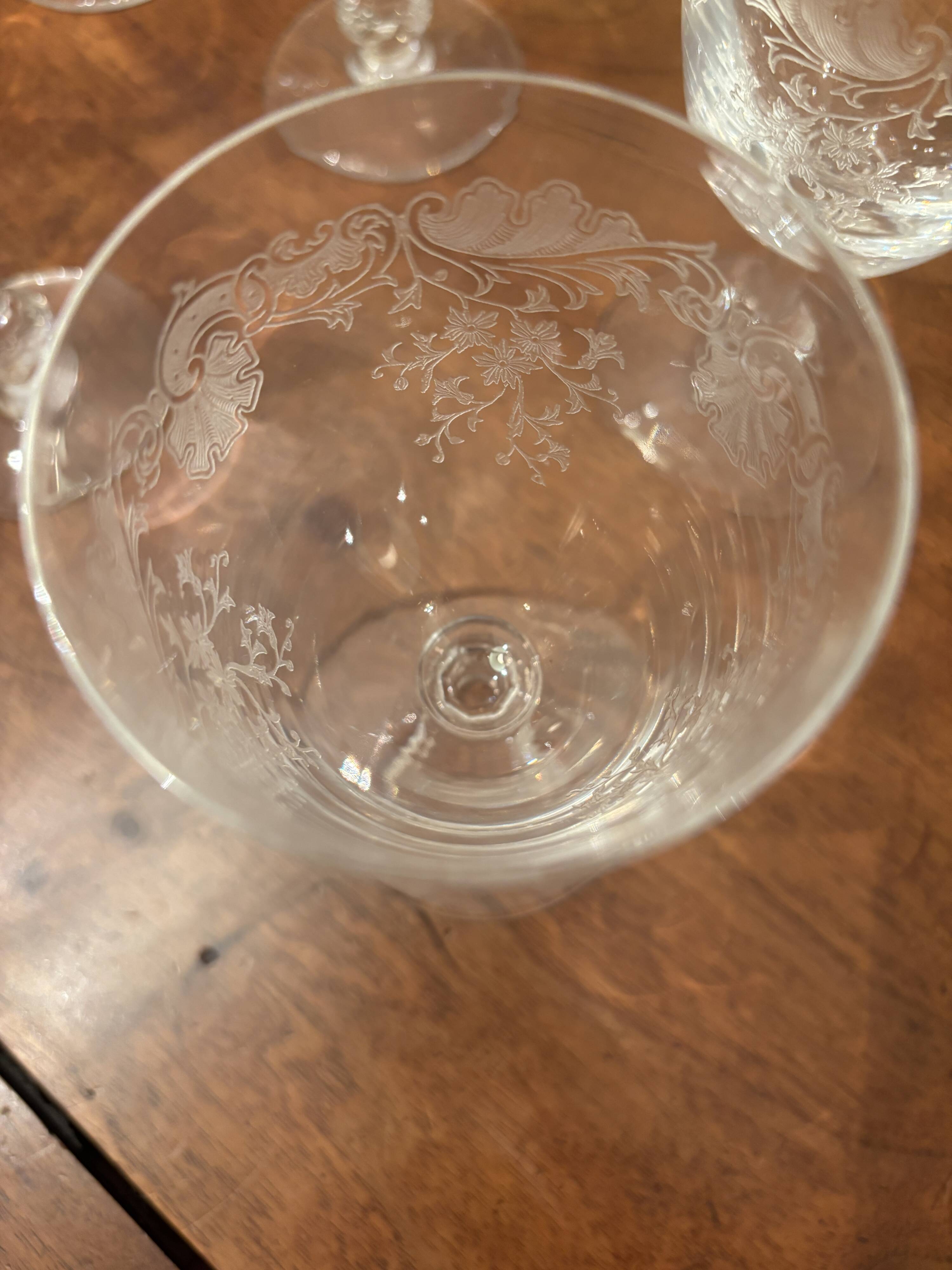 35 signed Saint-Louis crystal glasses – antique engraved floral decoration