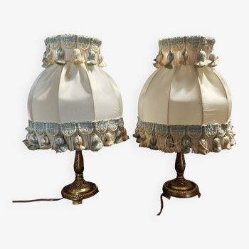 Pair of vintage bedside lamps with brass lampshades and 20th century trimmings