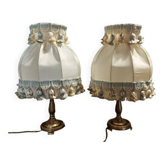 Pair of vintage bedside lamps with brass lampshades and 20th century trimmings