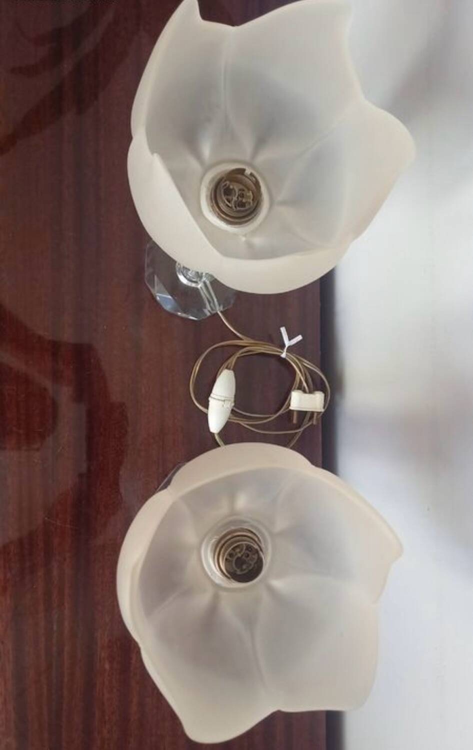 Pair of vintage table lamps in cut crystal and glass tulip.