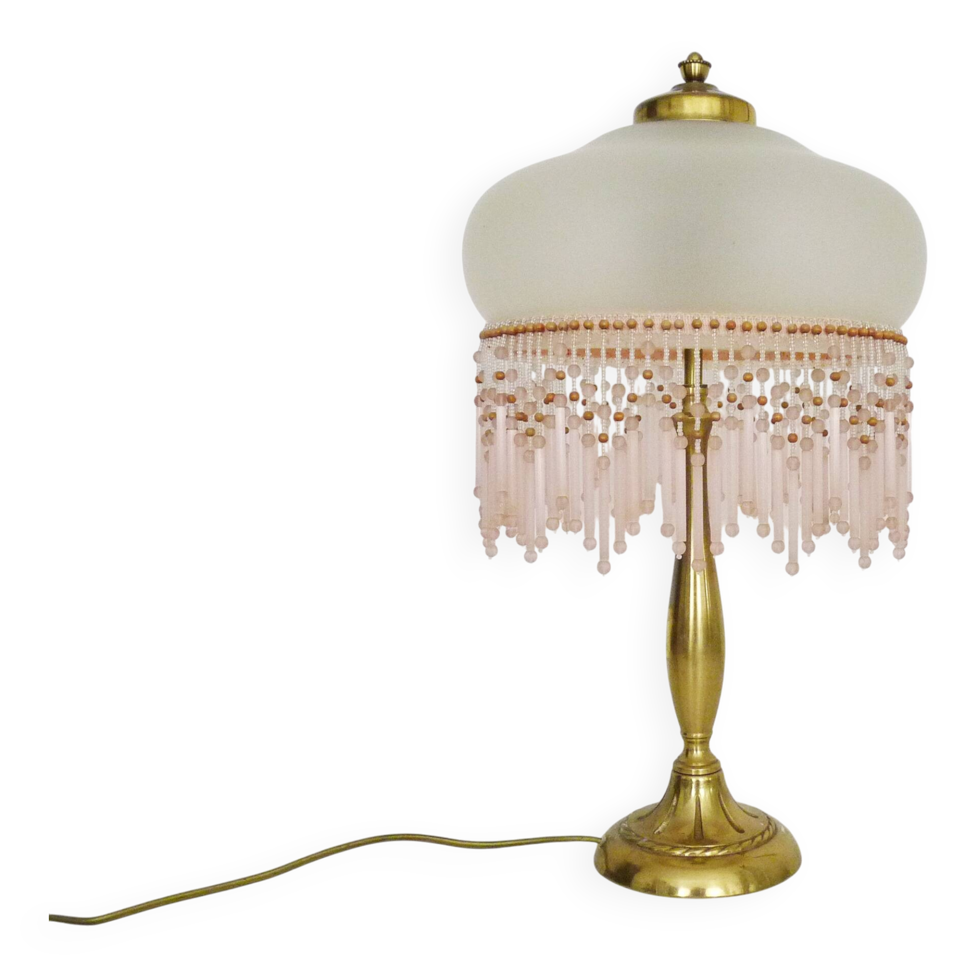 Lampe de table, lampe de chevet 2 feux, pied laiton, globe et perles rose