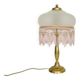 Lampe de table, lampe de chevet 2 feux, pied laiton, globe et perles rose