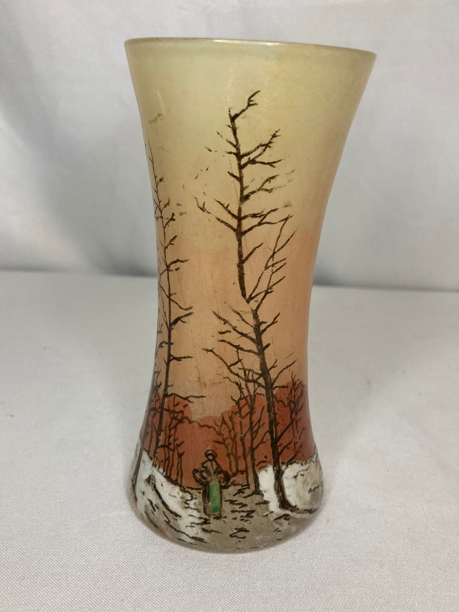 Vase verre émaillé paysage enneigé vers 1900 Legras