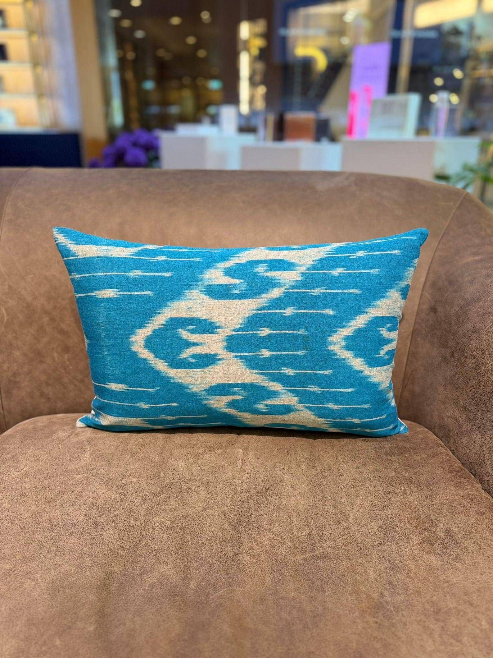 Handmade Silk Ikat Lumbar Cushion Cover, Sky Blue Oval Print Pillow Case