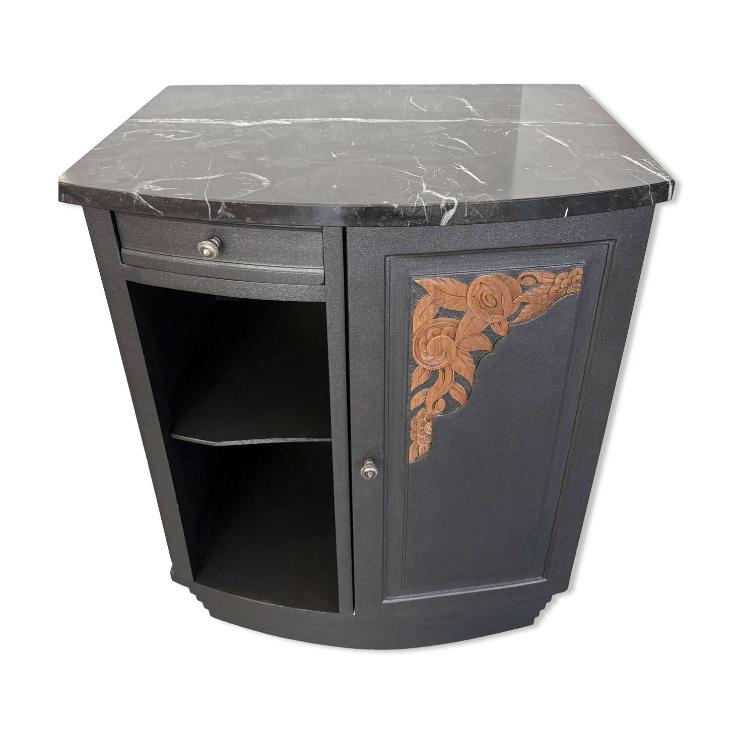 Storage unit, vintage bedside table painted black with a black marble top
