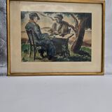 Watercolor Jean Moreau - The card game -, 1940