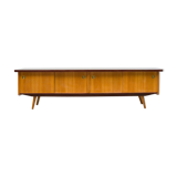 1950s low sideboard in ash, black formica surface. Professionally restored