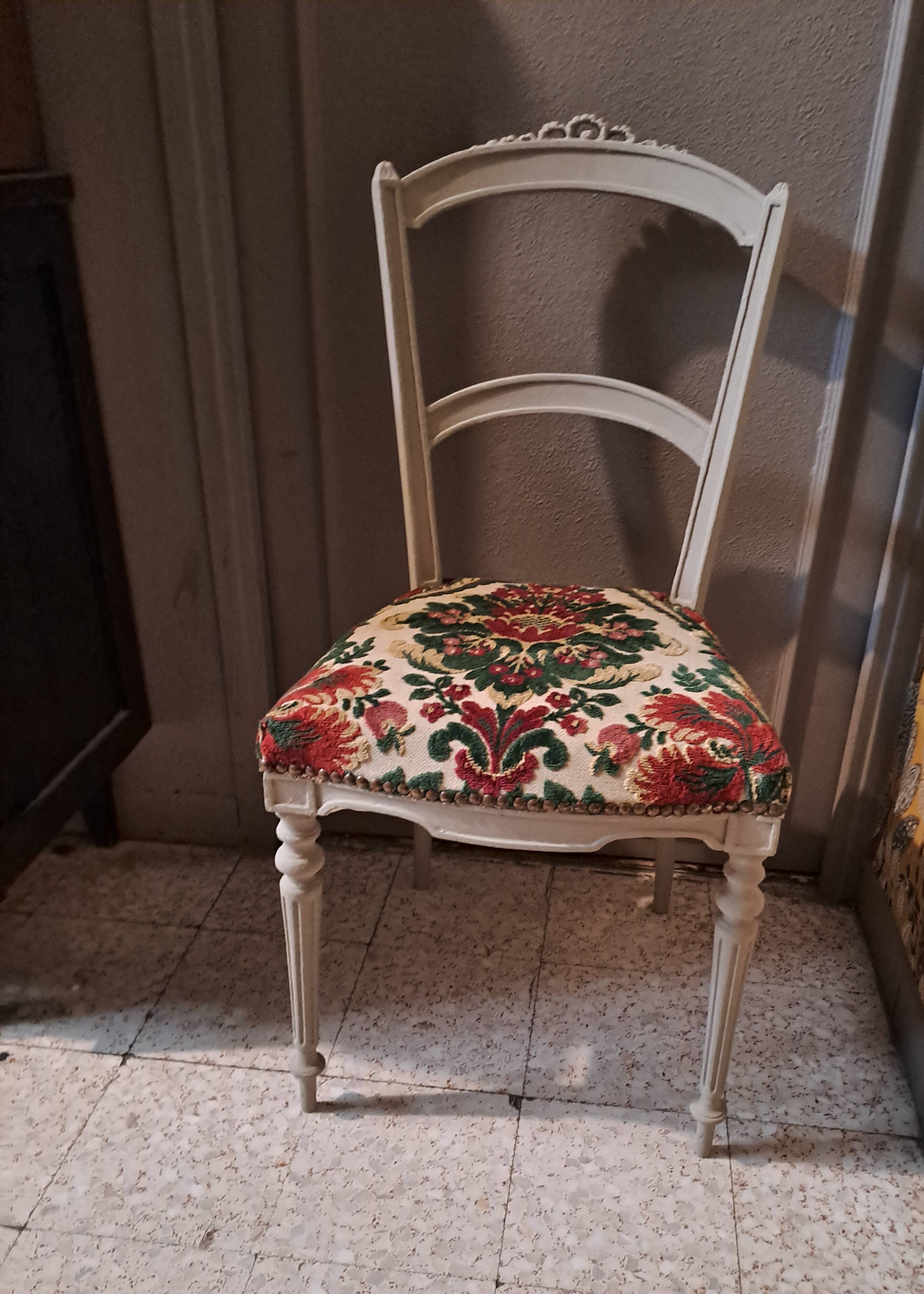 Empire style chair redone in velvet fabric, old floral pattern, 1900