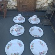3 cups and 6 porcelain saucers FD Chauvigny bird motif and ancient flowers