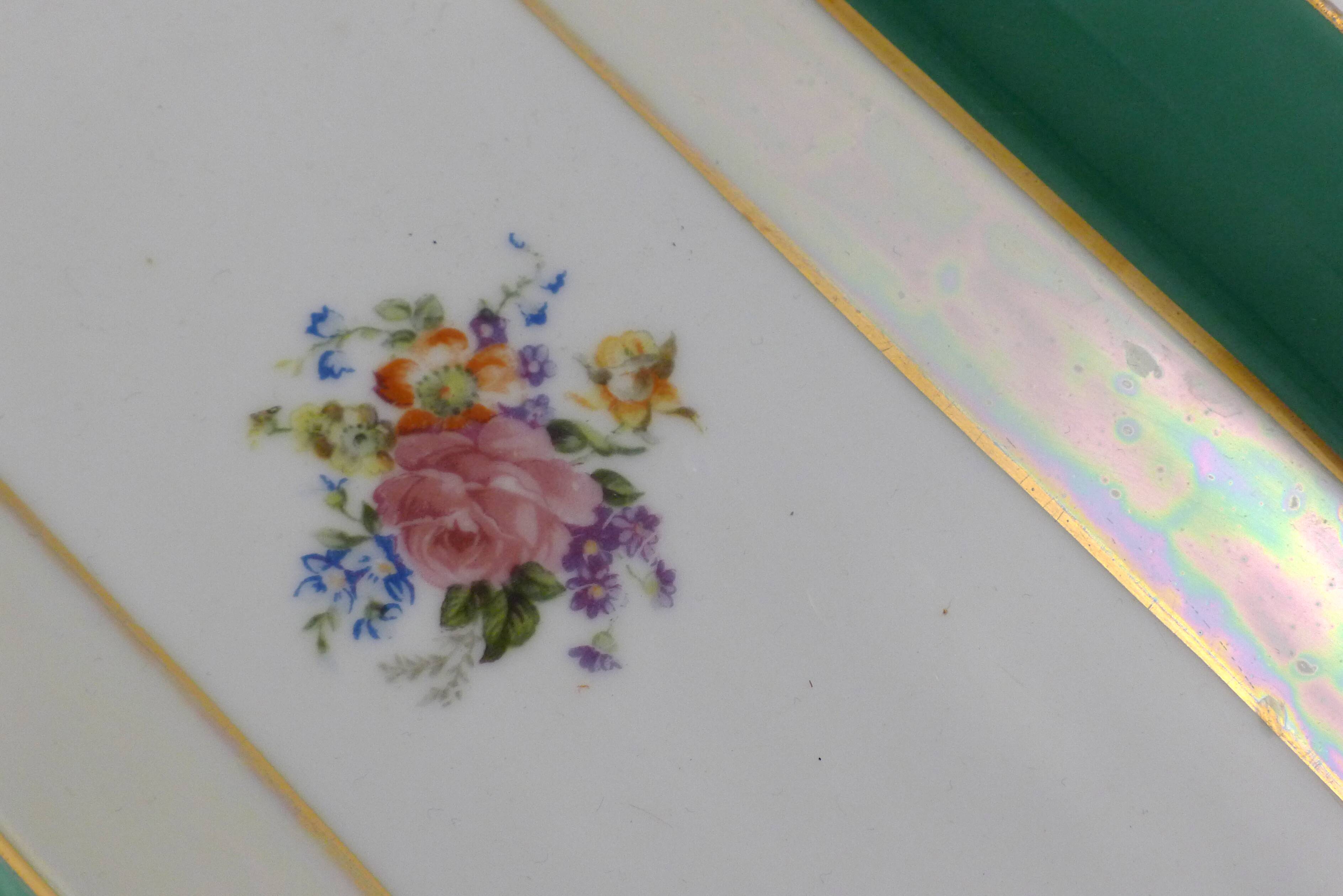 Art Deco floral iridescent cake dish in Limoges porcelain