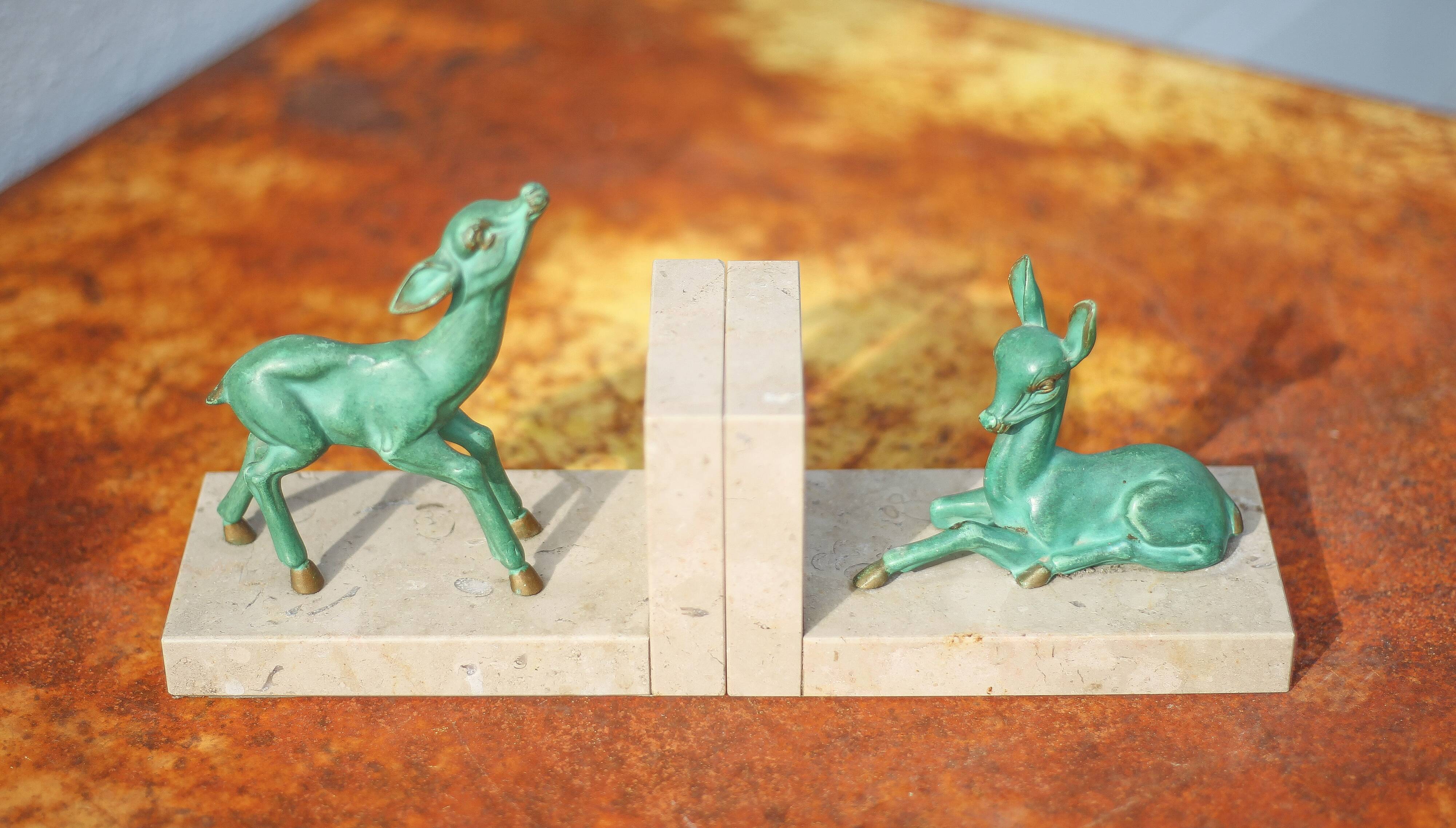 Marble and green patina metal bookends, vintage style bookends, animals, paperweight
