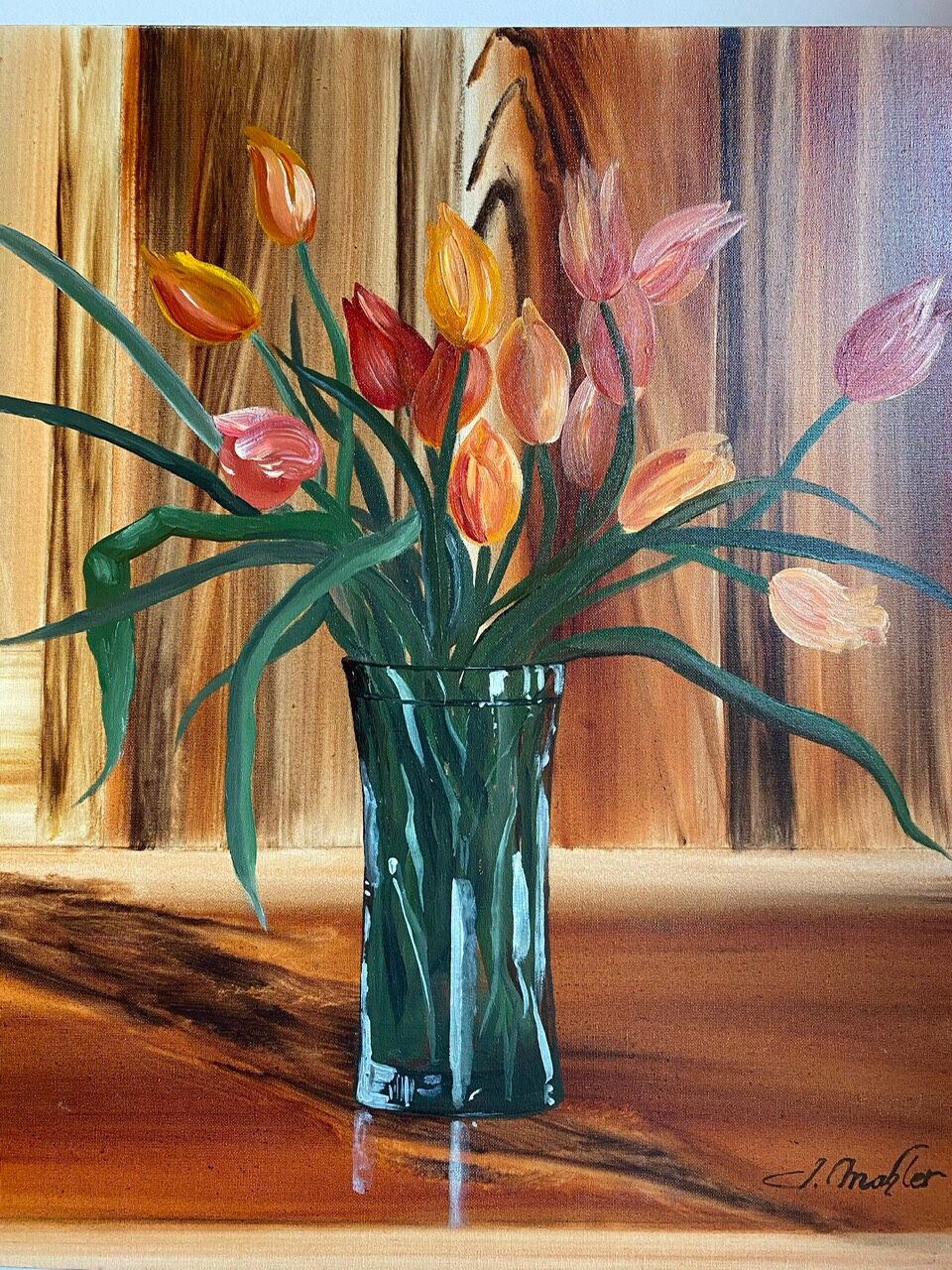 Ancient painting, still life with flowery vase and glass, signed,XX century