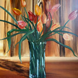 Tableau ancien, nature morte au vase et verre fleuris, signé,XX siècle